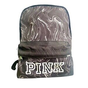 Victoria's Secret PINK Backpack Logo Black White Marble Adj Straps 14"